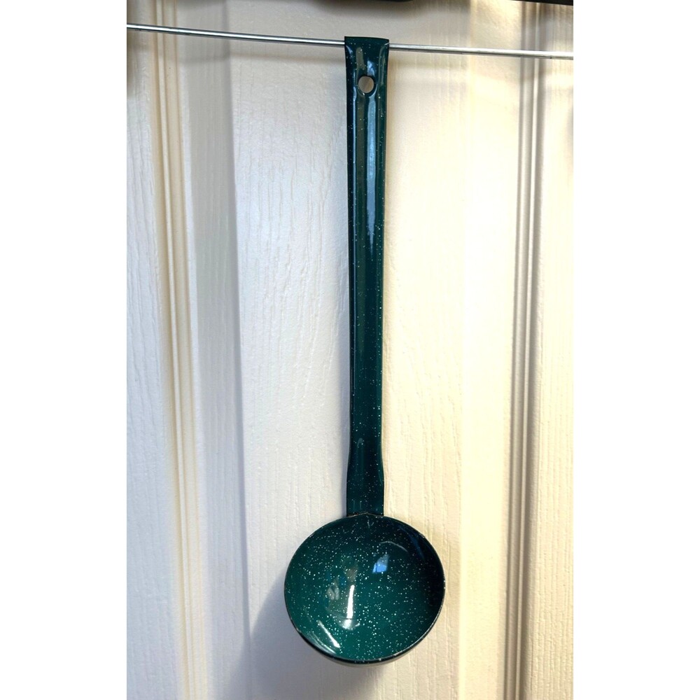 Vintage Green Speckled Enamelware 10” Metal Ladle